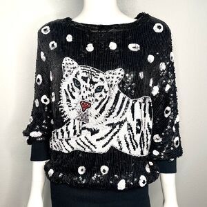 I.Magnin Rare Vintage 70s/80s Sequined Beaded Tiger Blouse Top SZ M